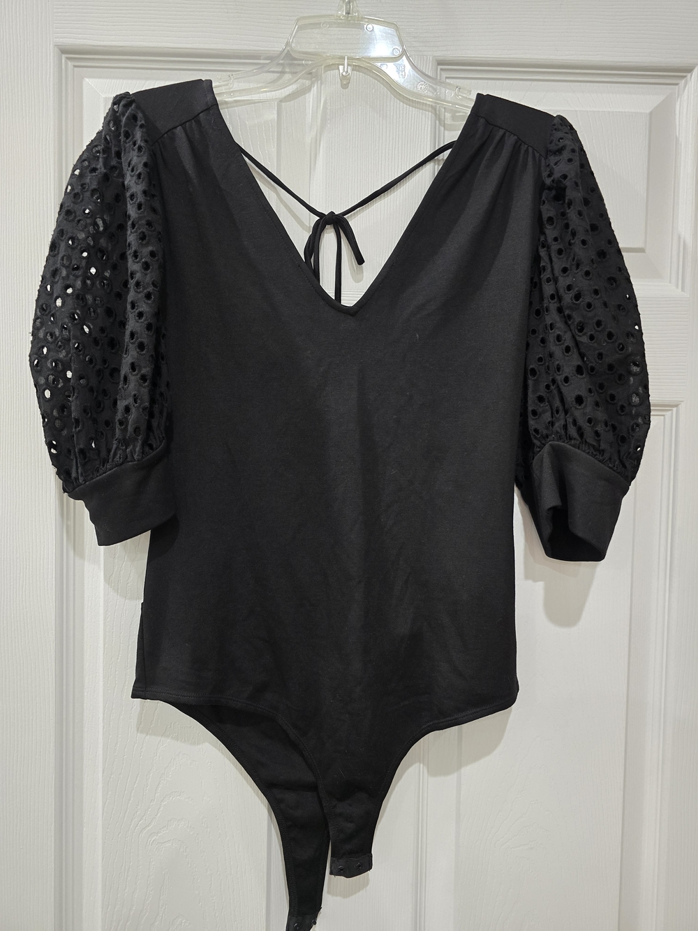 Black Puff-Sleeve V-Back Bodysuit